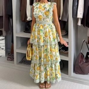 H&M Ruffle-trimmed Maxi Dress Floral White/lemons Sz S Nwt